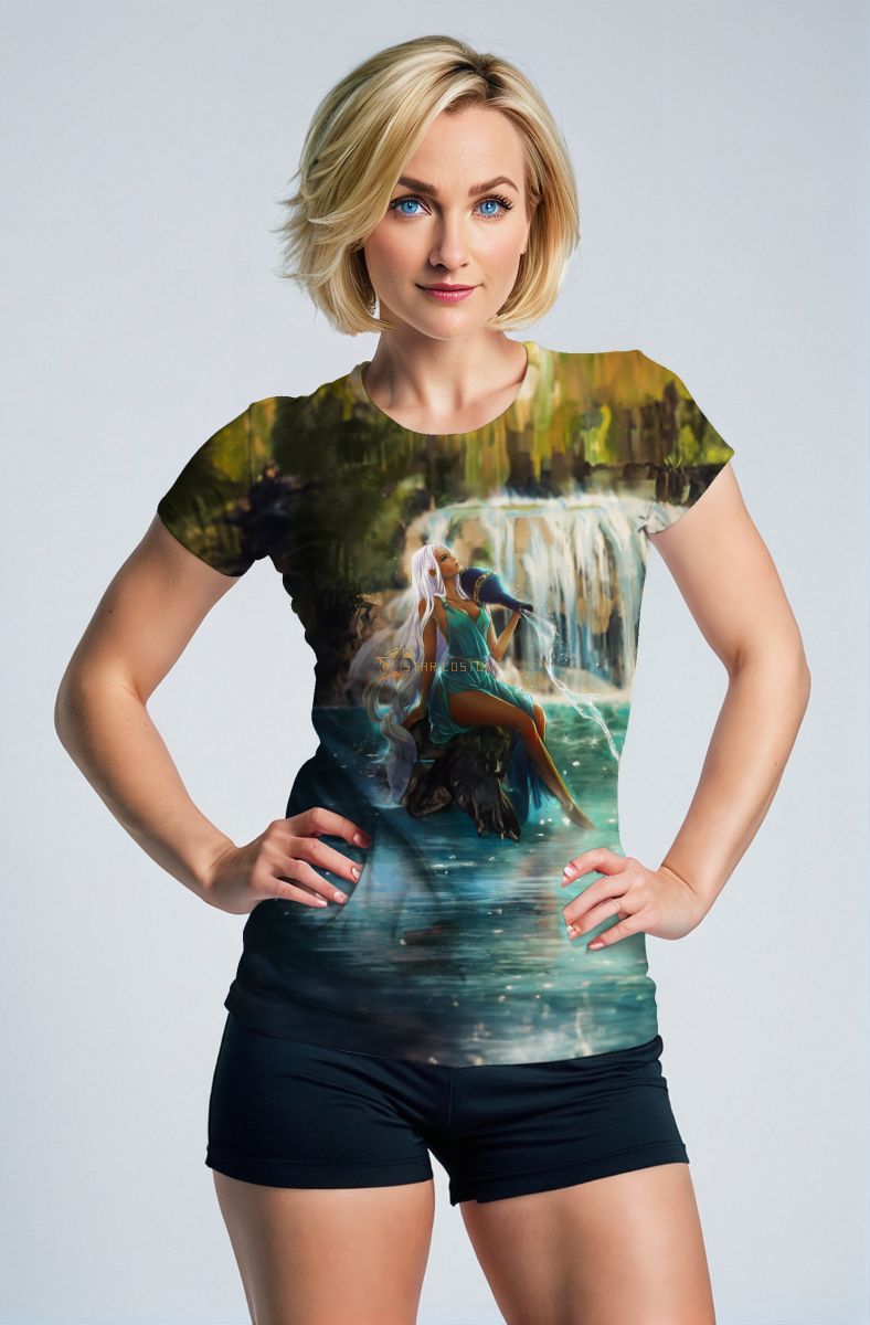 Green Lake Aquarius Goddess Unisex T-Shirt with Ethereal White-Haired Hercules Background