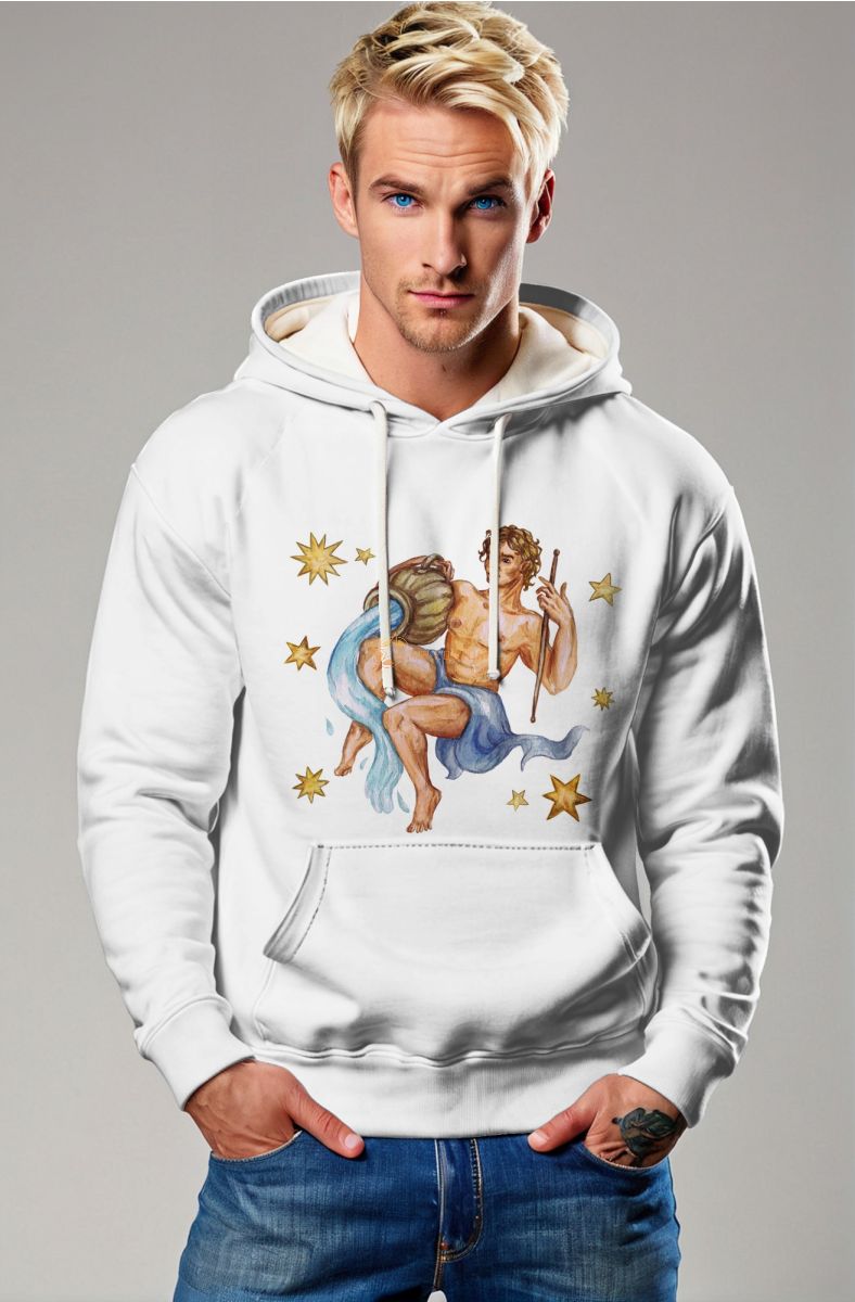 Aquarius Myth Watercolor Hoodie with Celestial Stars on White Background