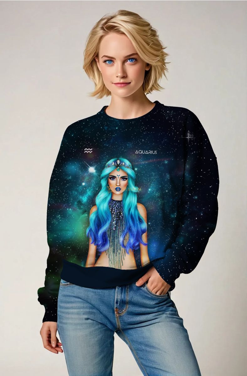 Aquarius Goddess Helen Galaxy Sweatshirt with Blue Ombre Hair and Zodiac Symbol