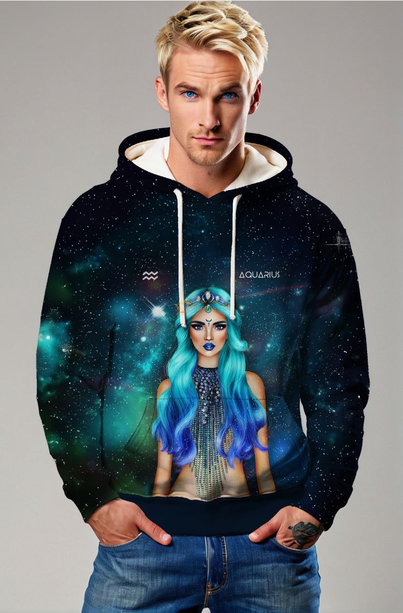 Aquarius Goddess Helen Galaxy Hoodie with Blue Ombre Hair and Symbol in Blue Sky Background