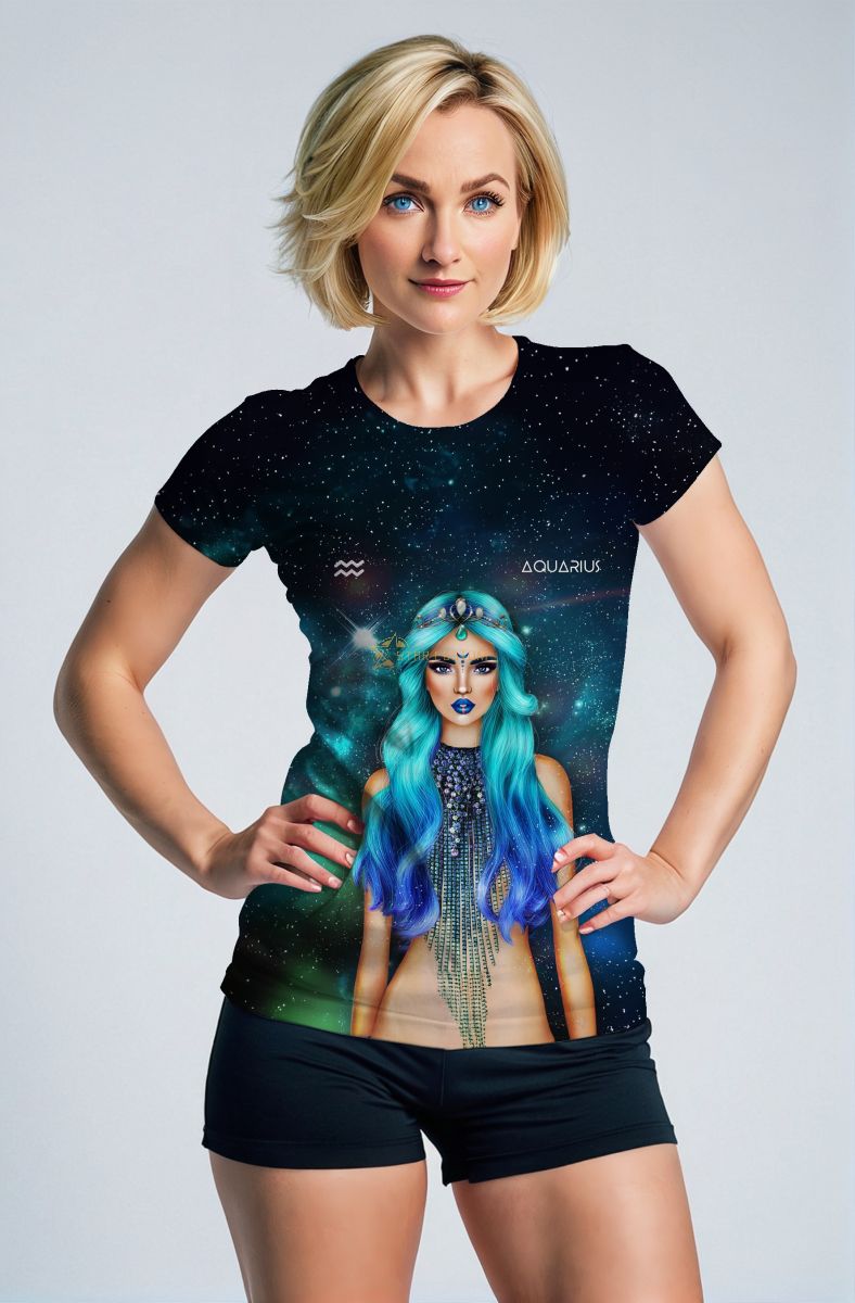 Aquarius Goddess Helen Blue Galaxy T-Shirt with Gradient Hair and Symbol