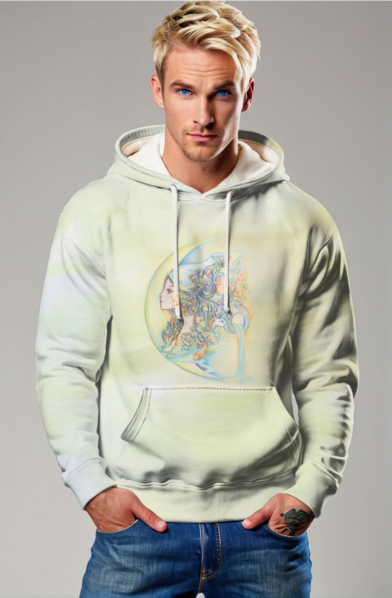 Athena Aquarius Unisex Hoodie with Hercules Profile & Moon Orbit Design in Yellow Ombre