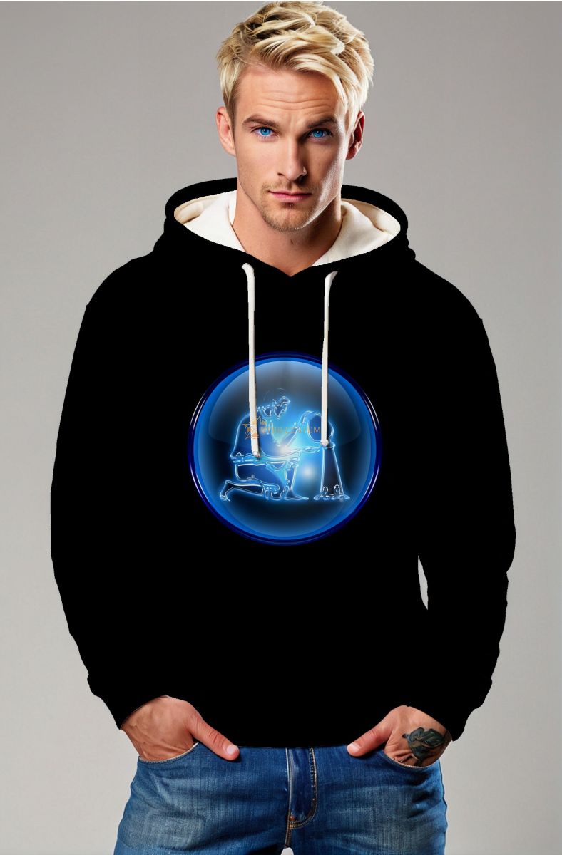 Hephaestus Guardian Aquarius Unisex Hoodie with Glowing Orb Design in Black