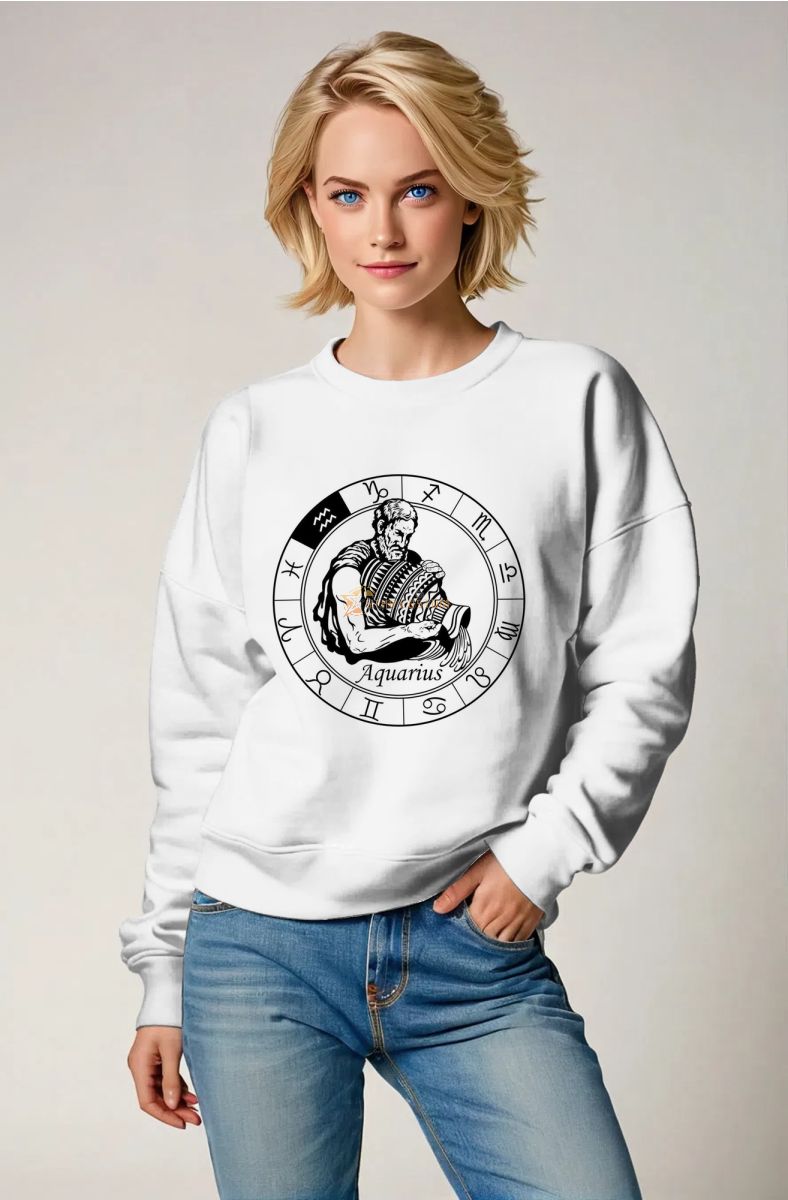 Unisex Aquarius and Uranus Guardian Zodiac Circle Sweatshirt in White