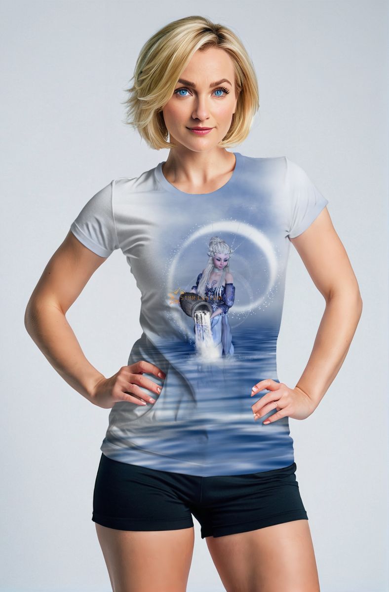 Aquarius Alcmene Goddess Unisex T-shirts in Light Blue Flowing Water Design