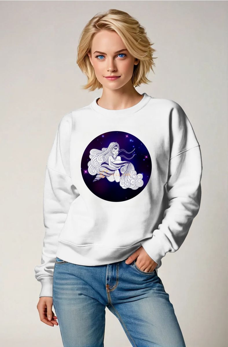 Aquarius Hercules Goddess Unisex Sweatshirt in White with Purple Starry Circle Design