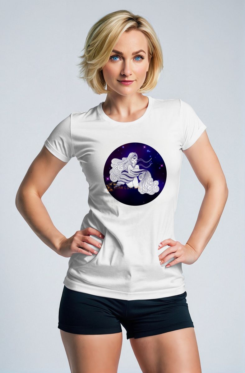 Aquarius Goddess Hercules Unisex T-Shirt with Purple Starry Circle on White