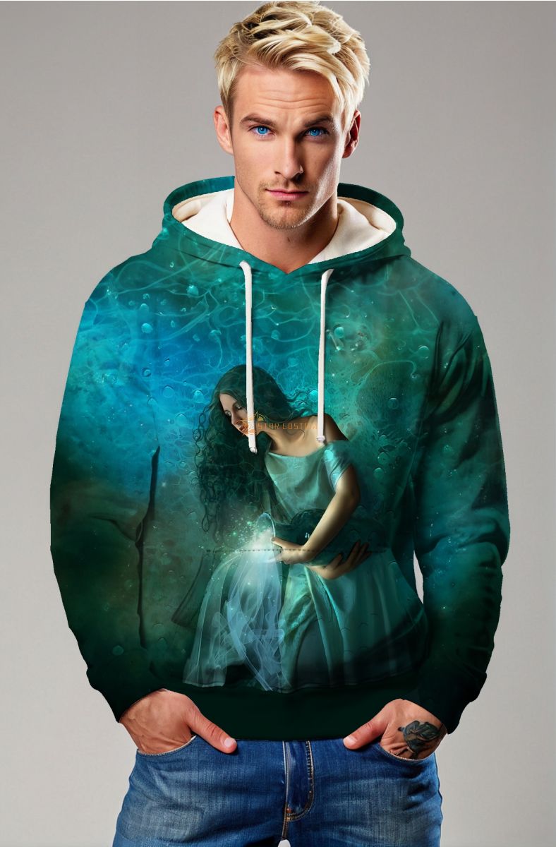Aquarius Guardian Alcmene Silk Robe Unisex Hoodie with Luminescent Water Flow Design