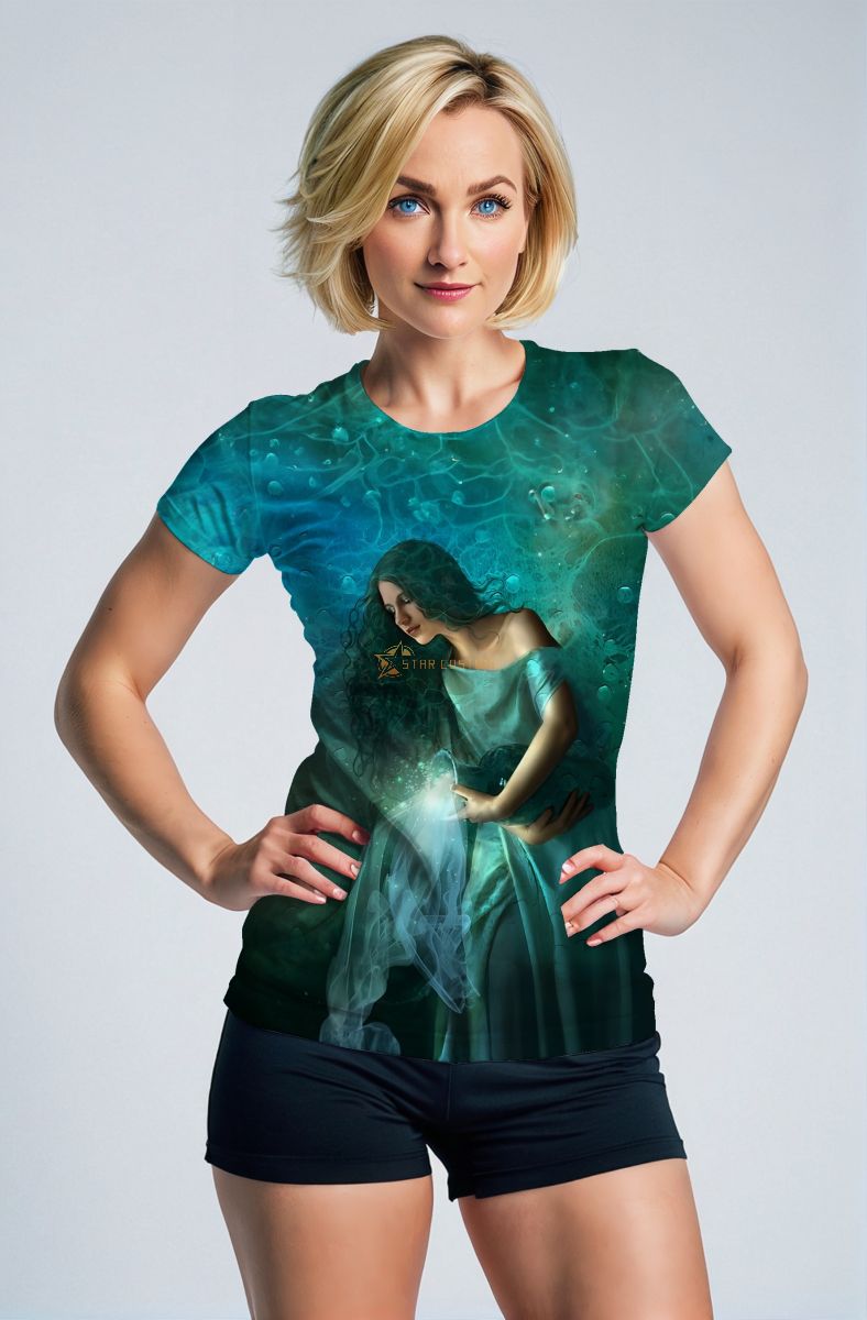 Aquarius Guardian Alcmene Silk Robe Unisex T-Shirt with Illuminating Water Flow Design in Green