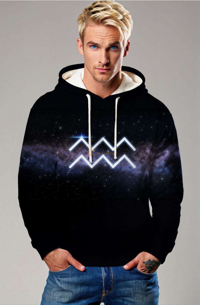 Aquarius Night Sky Unisex Hoodie with Glowing White Symbol and Purple Galaxy Accents