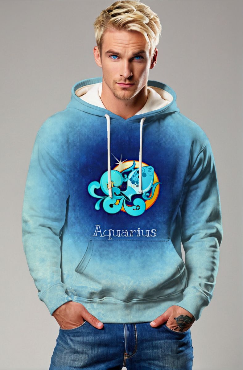 Aquarius Symbol Gradient Blue Unisex Hoodie with Flowing Water Design