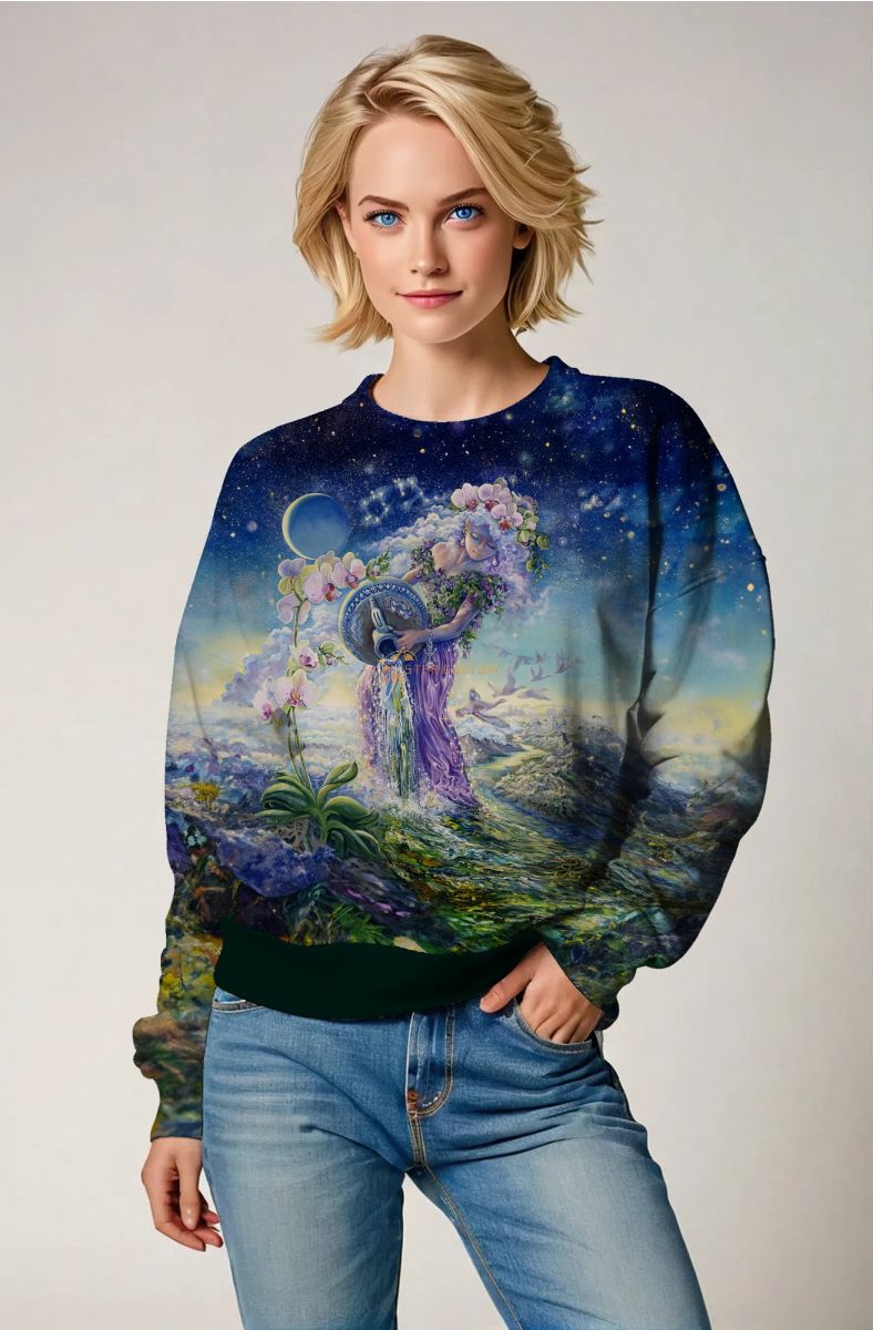 Aquarius Symbol Unisex Sweatshirt with Shimmering Blue Starry Sky and Alcmene Greek Goddess Design in Purple Dress
