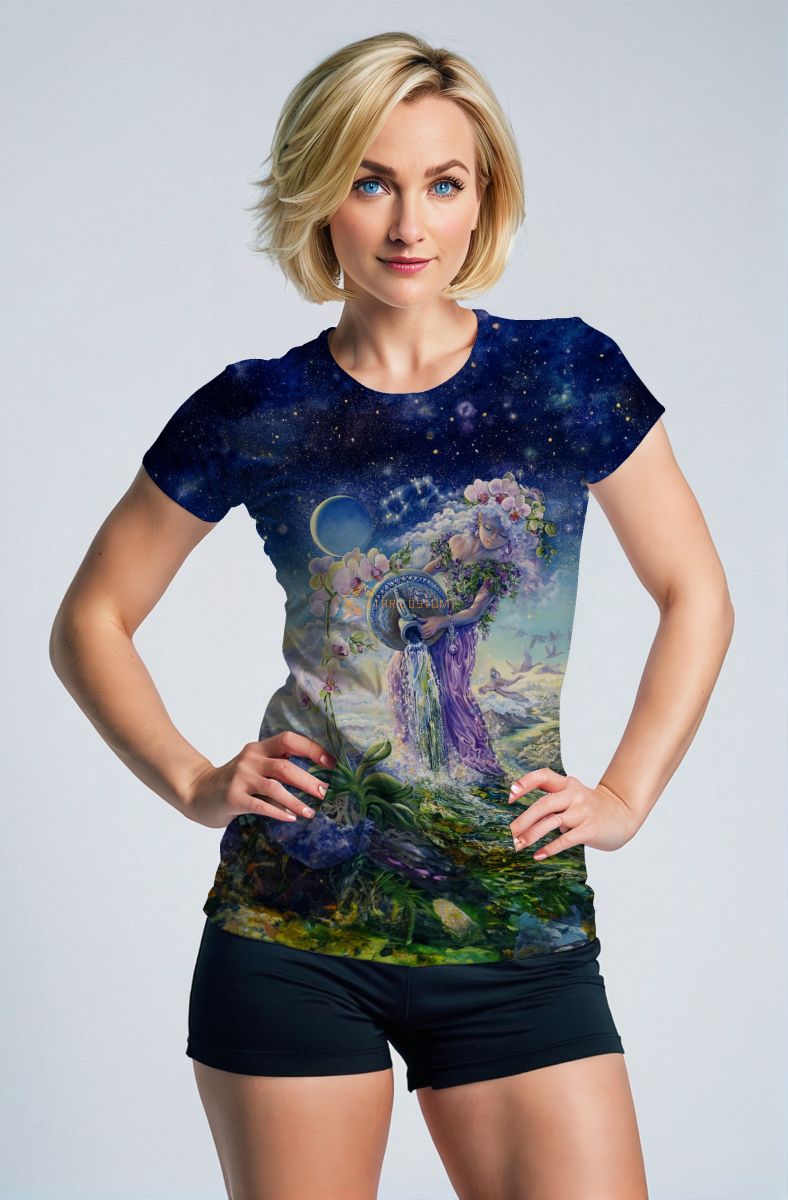 Aquarius Goddess Sparkling Blue Night Sky Unisex T-Shirts with Water Bearer Symbol
