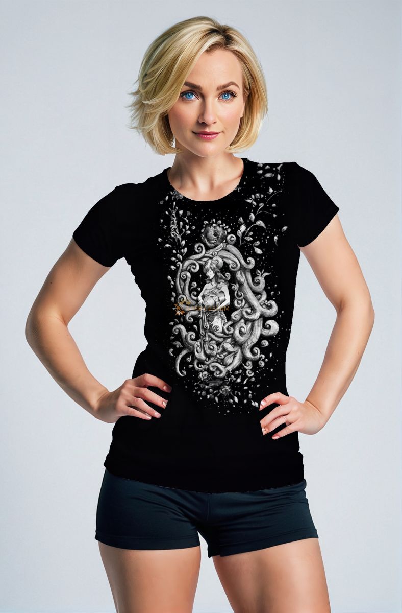 Aquarius Guardian Unisex T-Shirts with Alcmene Vine Waterfall Design in Black