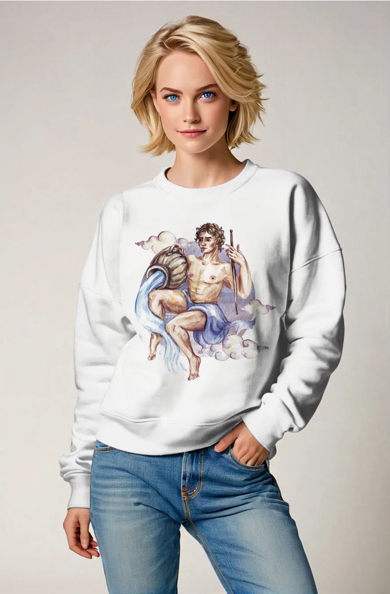 Hephaestus Aquarius Guardian Watercolor Style Unisex Sweatshirt in Lilac on White
