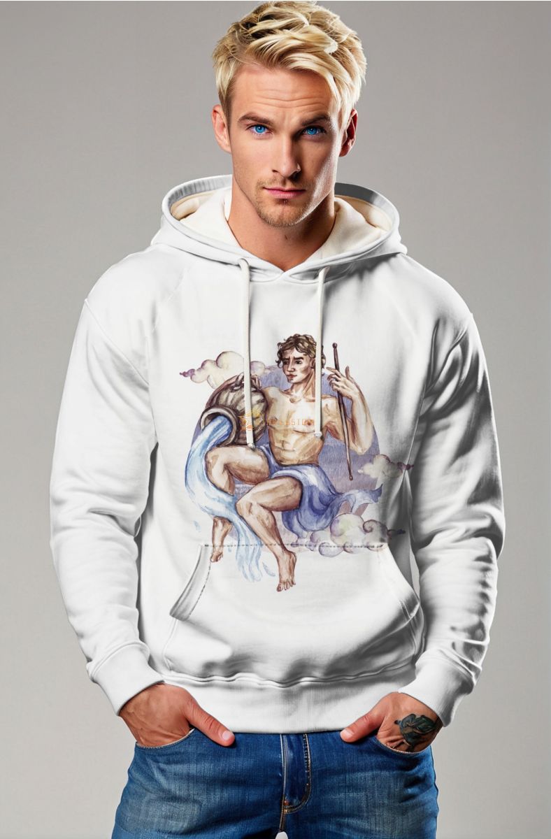 Aquarius Hephaestus Guardian Unisex Hoodie in Watercolor Style with Clouds Light Purple on White