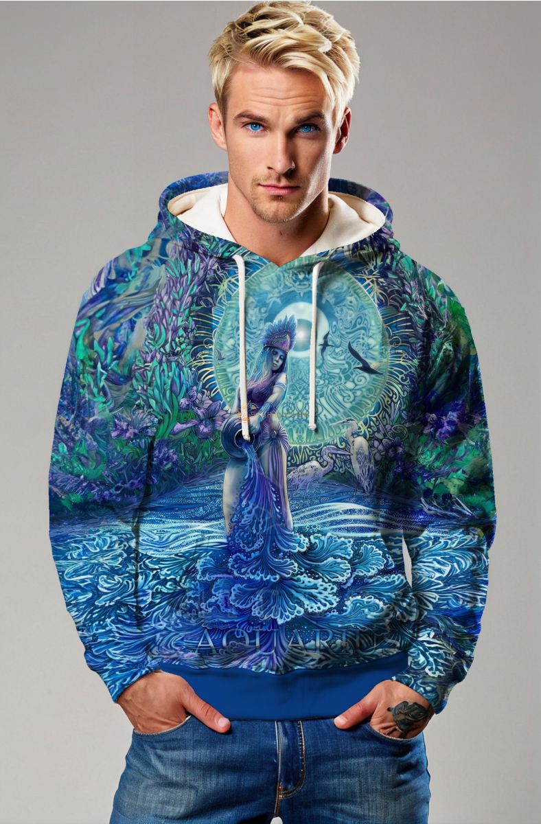 Aquarius Guardian Unisex Hoodies with Alcmene's Garden Flow Design in Blue