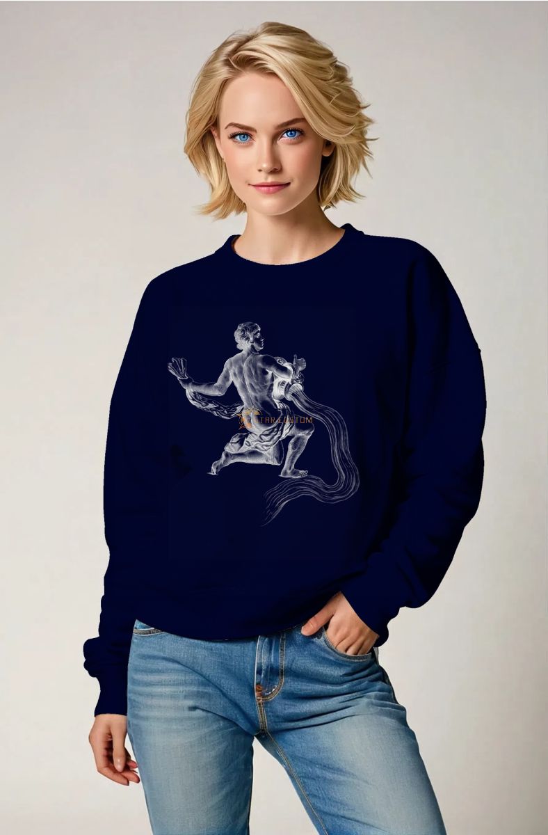 Aquarius Guardian Hephaestus Unisex Sweatshirt in Solid Deep Blue with Minimalist White Line Art