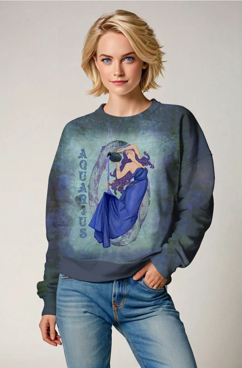 Vintage Grey and Green Alcmene Aquarius Goddess Sweatshirt with Purple Hair and Green Aquarius Symbol