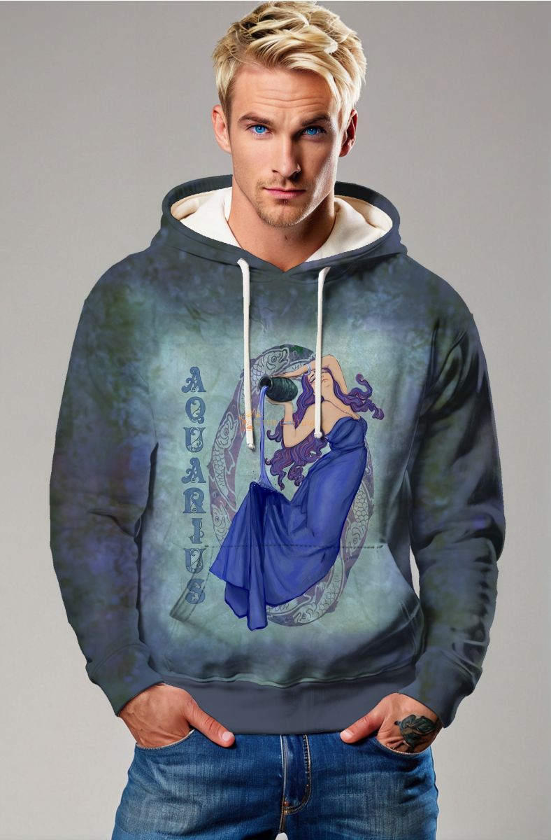 Vintage Aquarius Goddess Hoodie in Grey and Green with Blue Dress and Purple Hair Imagery