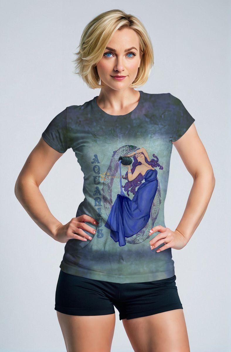 Aquarius Goddess Alcmene T-Shirt in Vintage Grey and Green with Blue Dress and Purple Hair Symbol Design