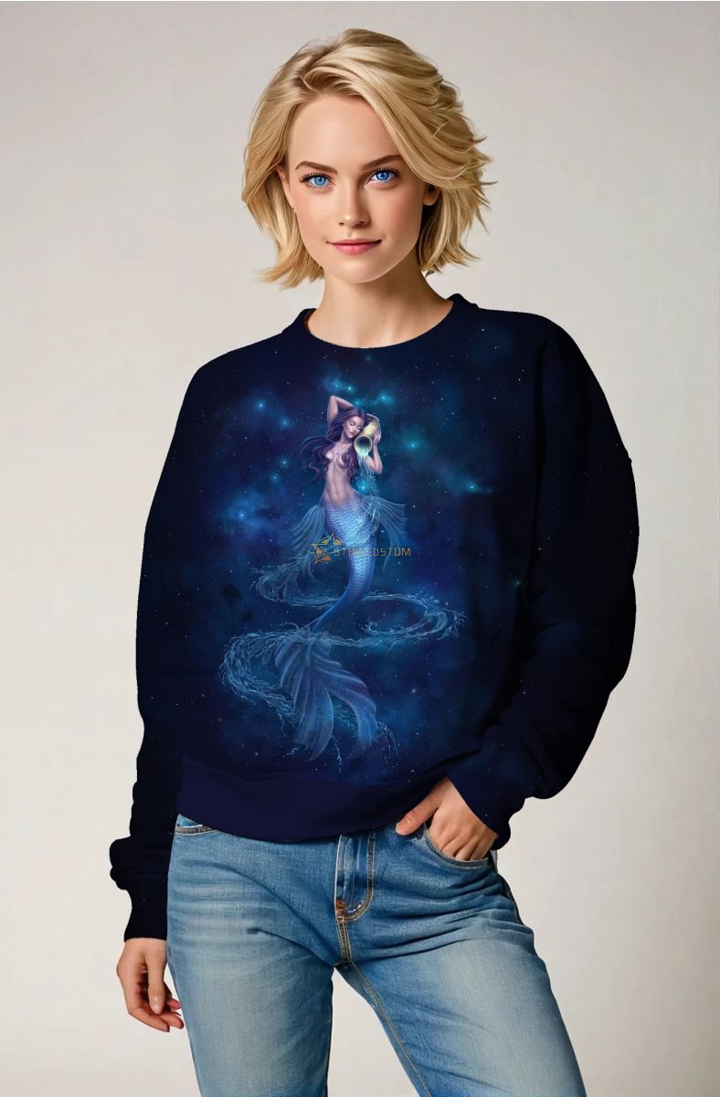 Aquarius Goddess Unisex Sweatshirt with Mermaid Tail and Water Symbol in Starry Night Blue