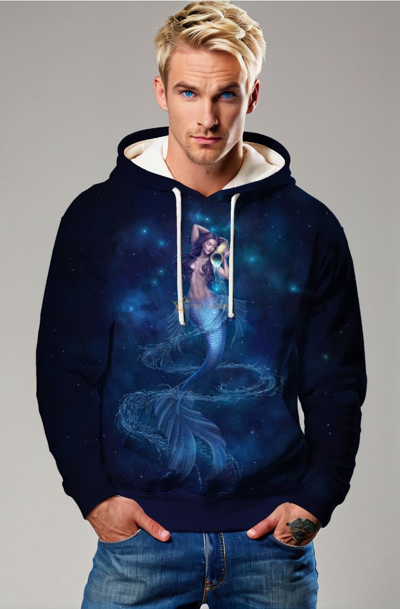 Aquarius Goddess Unisex Hoodie with Mermaid Tail and Starry Night Sky Design