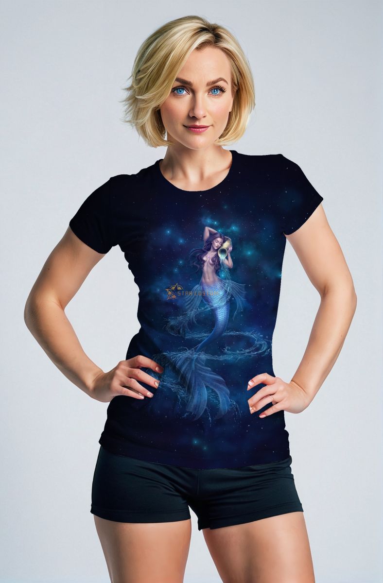 Aquarius Goddess Mermaid Tail and Starry Night Sky Blue Unisex T-Shirts