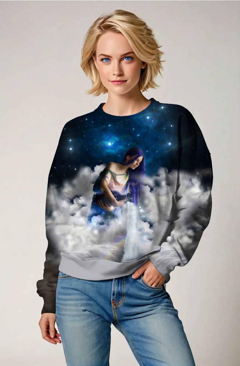 Aquarius Starry Sky Unisex Sweatshirt with Goddess Alcmene Design in Purple