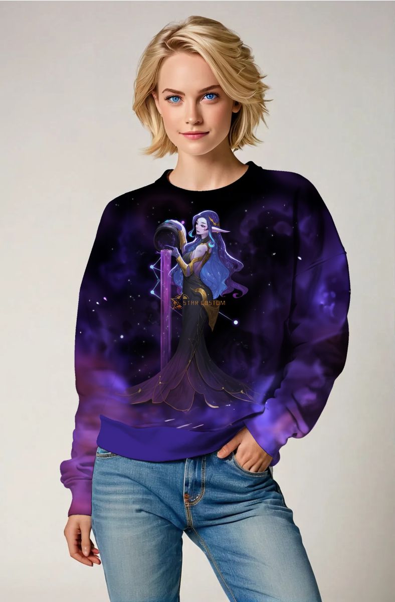 Unisex Aquarius Goddess Sweatshirt with Purple Night Sky and Hercules Anime Design