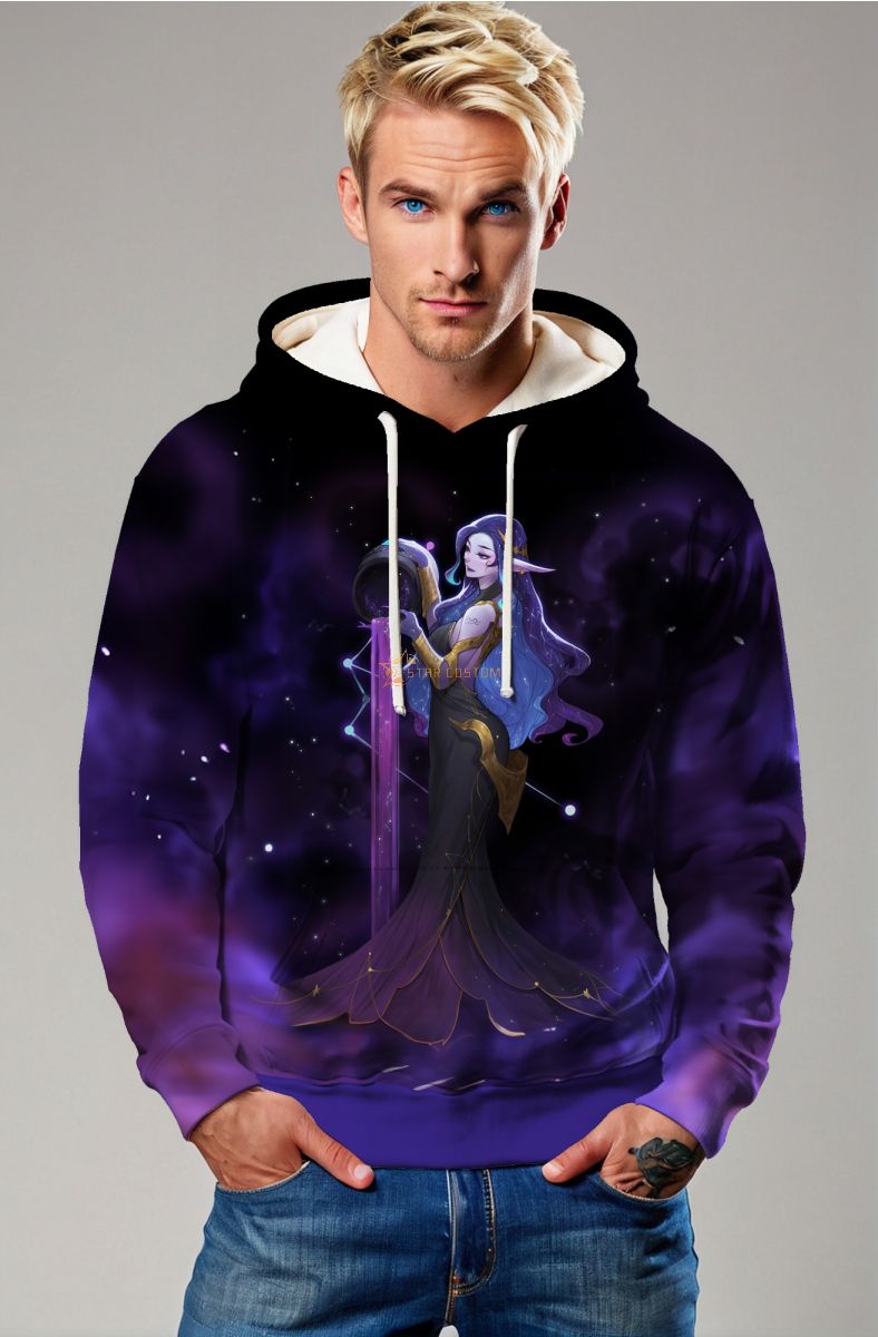 Purple Night Sky Aquarius Hoodies with Starry Anime Hercules Goddess Design