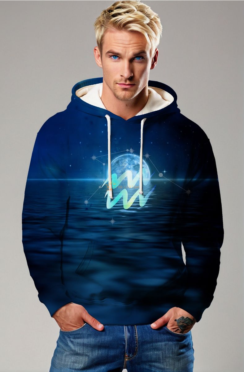 Mystic Blue Aquarius Hoodie with Celestial Planet and Star Design