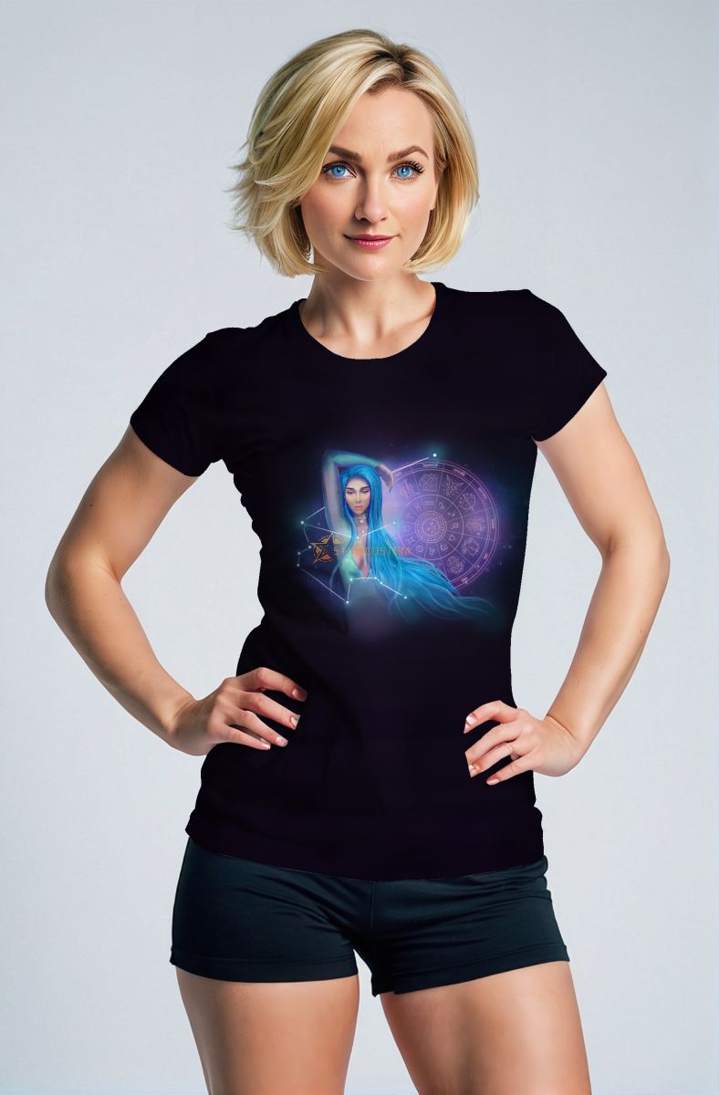 Aquarius Constellation Wisdom Goddess Alcmene Purple Zodiac Wheel on Black Unisex T-shirts