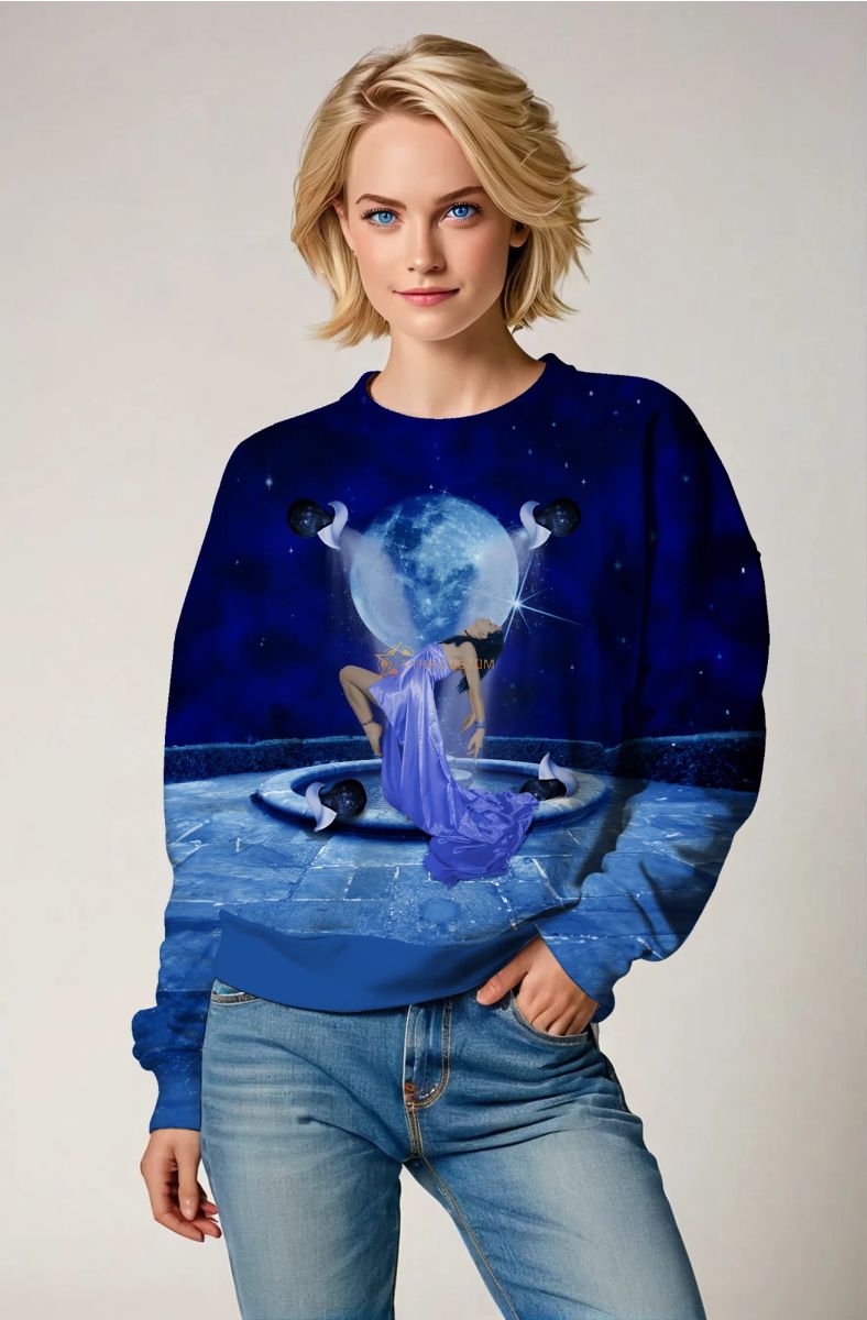 Dancing Aquarius Unisex Sweatshirt with Cosmic Background and Giant Planets by Helen in Blue