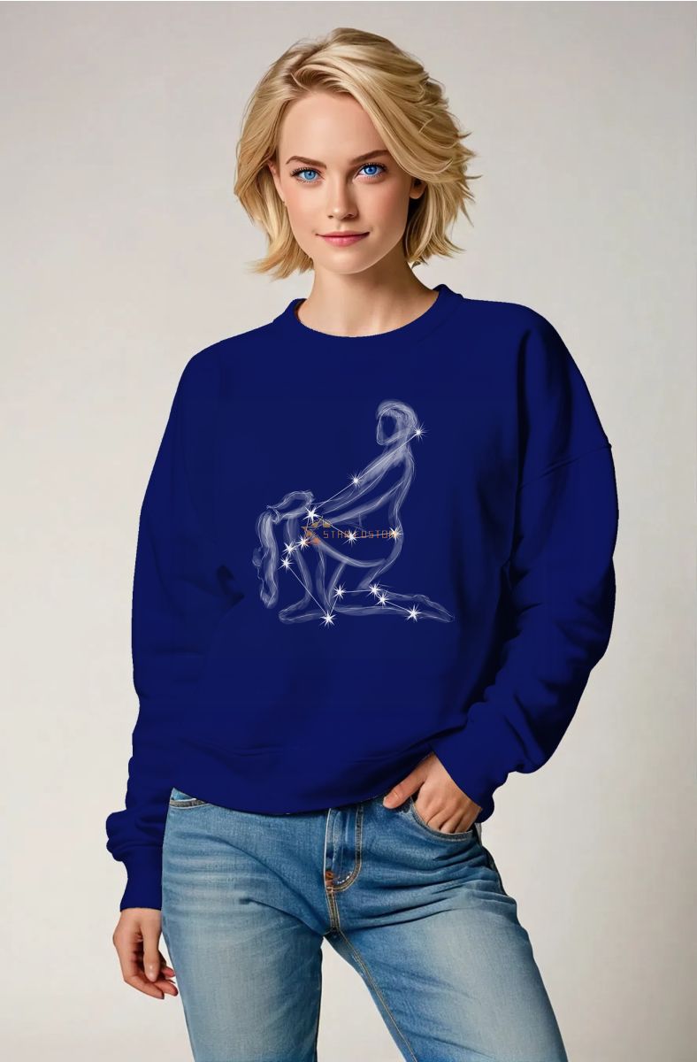 Aquarius Constellation Unisex Sweatshirt in Deep Blue with Light White Uranus Sketch Style Design