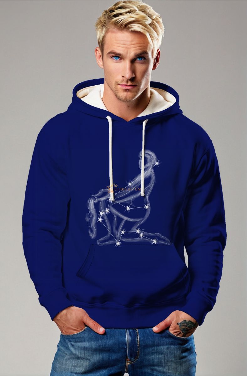 Aquarius Zodiac Sketch Hoodie in Deep Blue with Pale White Uranus Detail