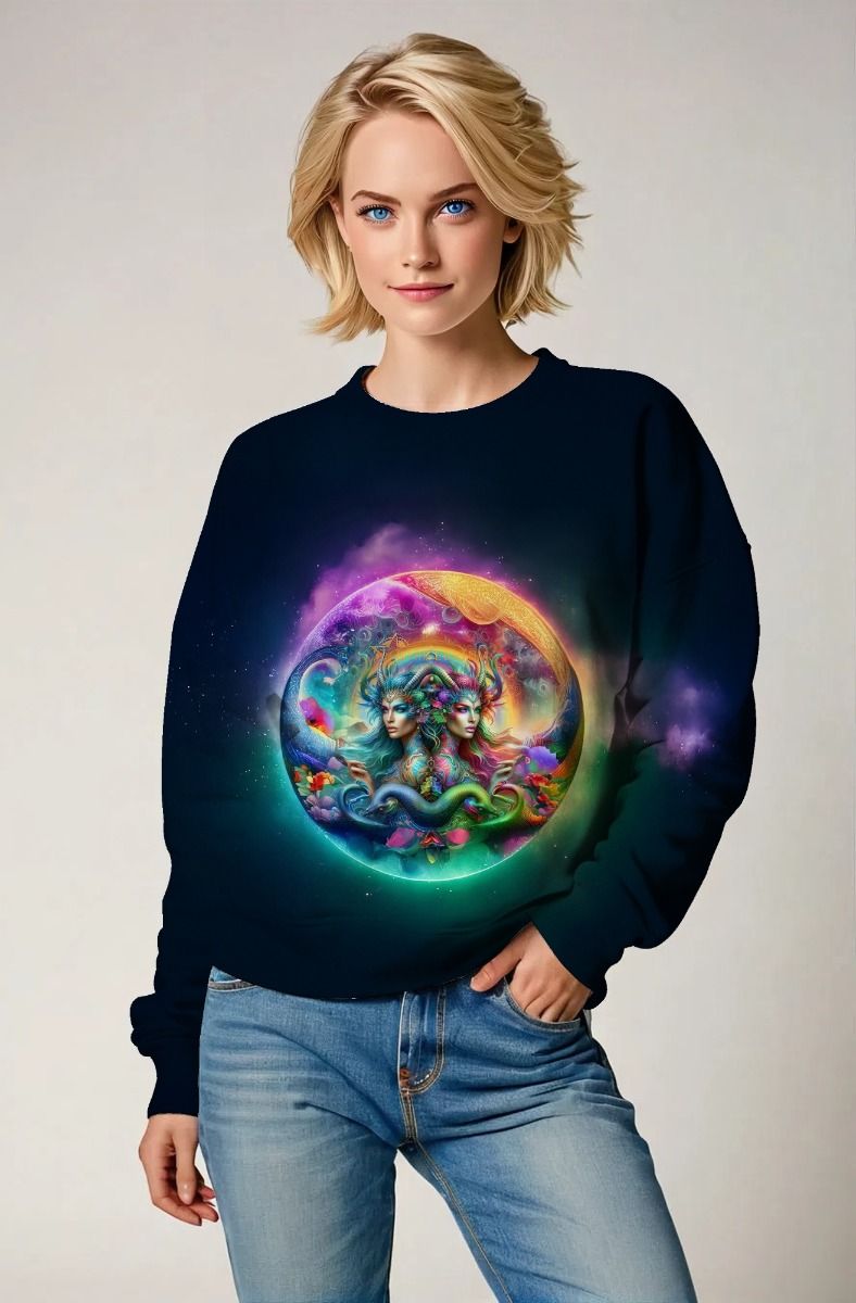 Gemini Cosmic Unity Collection: Navy Hoodie, Sweatshirt, Zip-Up, T-Shirt with Vibrant Twin Faces in Cosmic Setting