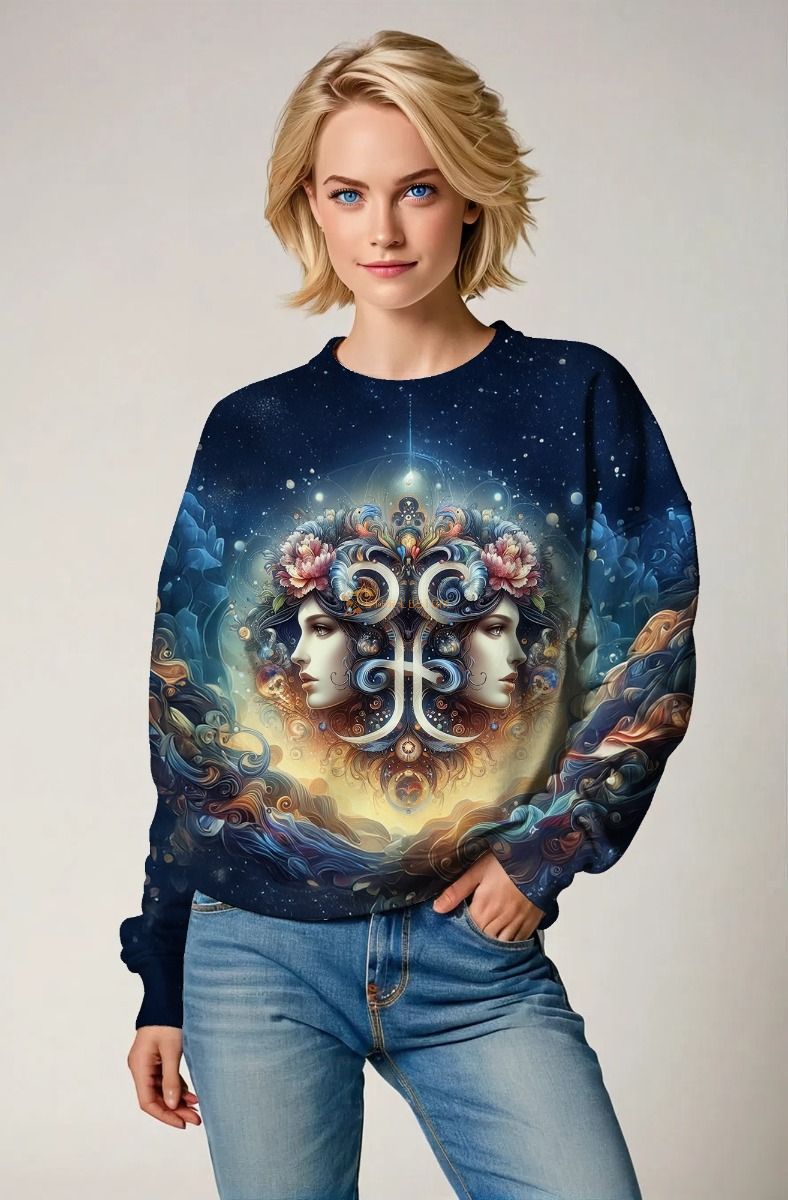 Gemini Cosmic Harmony Collection: Navy Hoodie, Sweatshirt, Zip-Up, T-Shirt with Floral Twin Faces and Starry Design