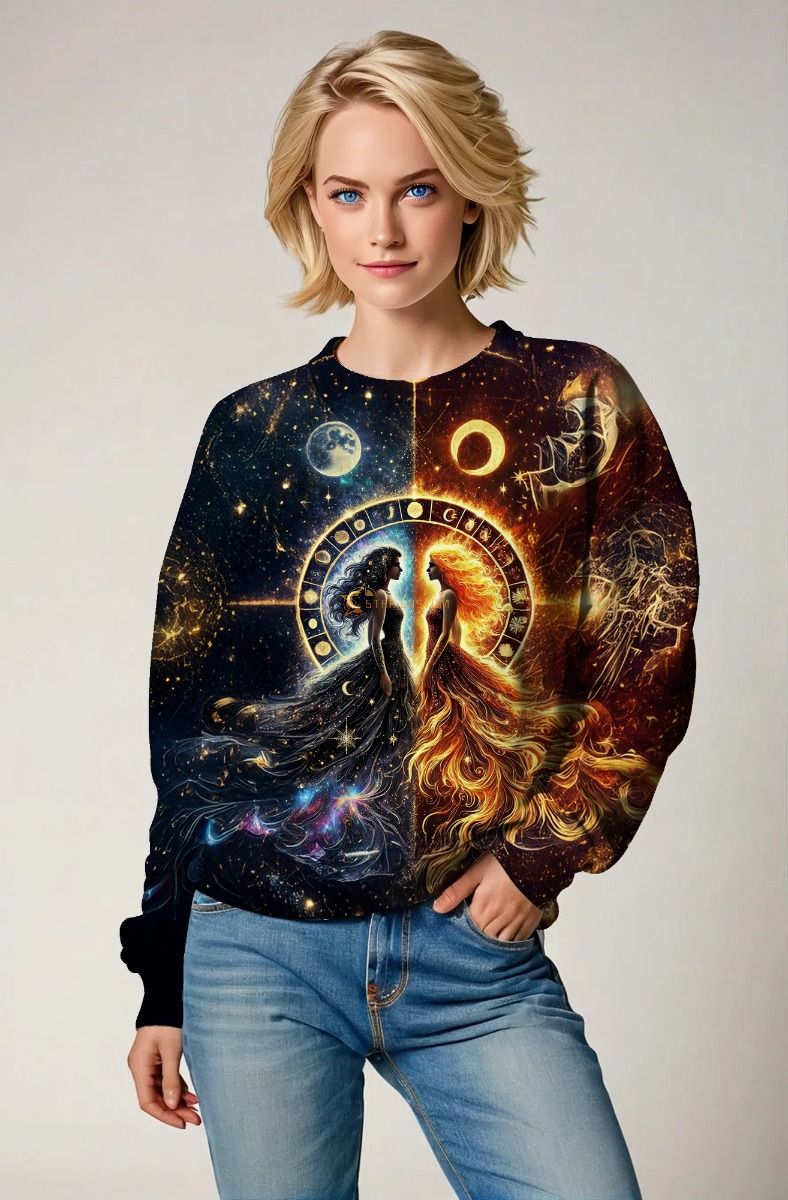 Gemini Eclipse Duality Collection: Black Hoodie, Sweatshirt, Zip-Up, T-Shirt with Celestial Twin Faces and Cosmic Balance