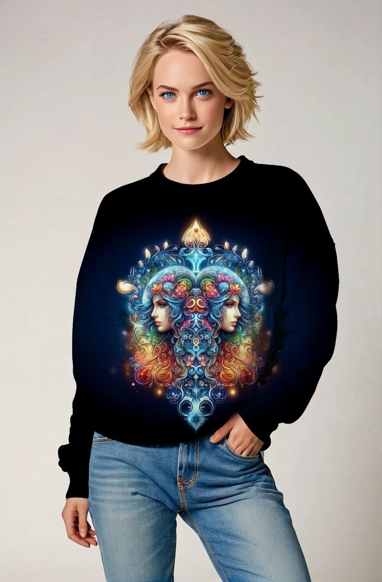 Gemini Astral Love Collection: Midnight Blue Hoodie, Sweatshirt, Zip-Up, T-Shirt with Colorful Twin Faces and Starry Flow