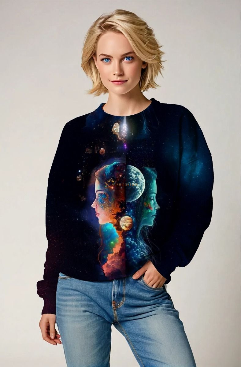 Gemini Cosmic Connection Collection: Dark Blue Hoodie, Sweatshirt, Zip-Up, T-Shirt with Galactic Twin Faces and Planets Design