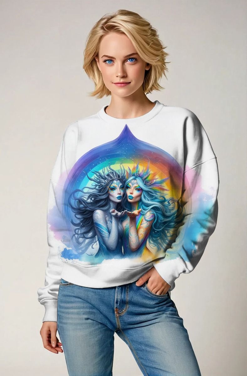 Gemini Duality of Nature Collection: White Hoodie, Sweatshirt, Zip-Up, T-Shirt with Colorful Twin Faces and Rainbow Elements