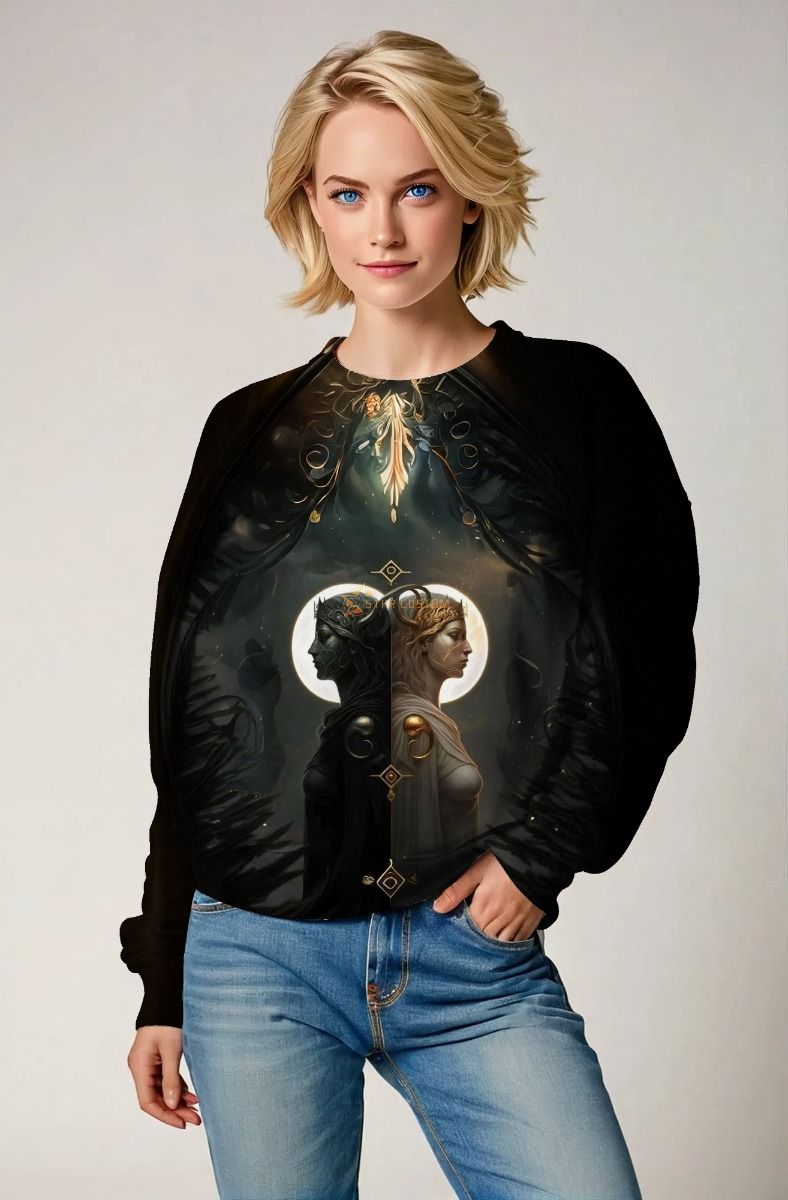 Gemini Dark and Light Balance Collection: Black Hoodie, Sweatshirt, Zip-Up, T-Shirt with Dual Nature and Cosmic Light
