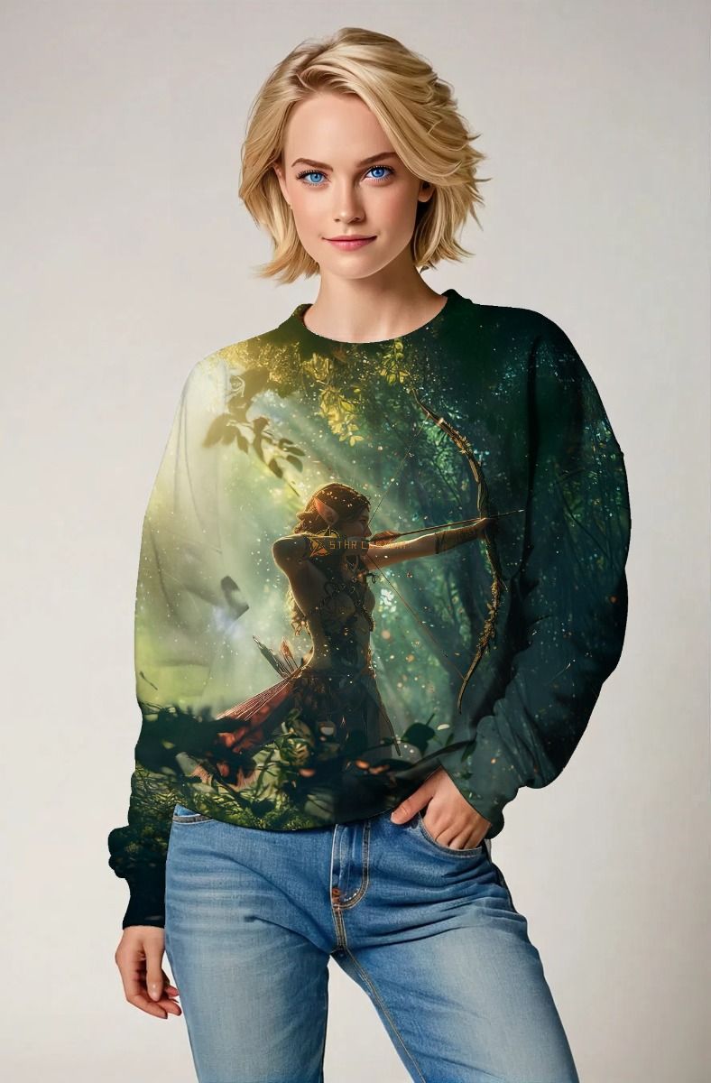 Sagittarius' Verdant Huntress: The Forest's Protector Hoodie, Sweatshirt, Zip-Up, T-Shirt