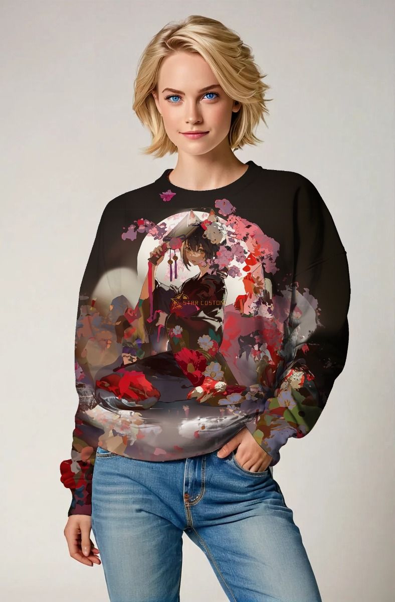 Black Anime Art Sweatshirt with Floral Accents