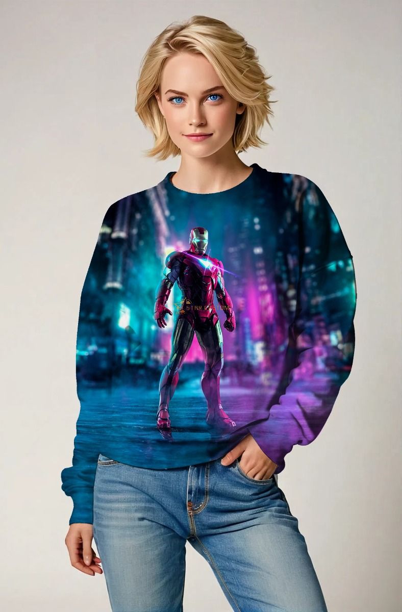 Dark Blue Iron Man Neon City Graphic Sweatshirt