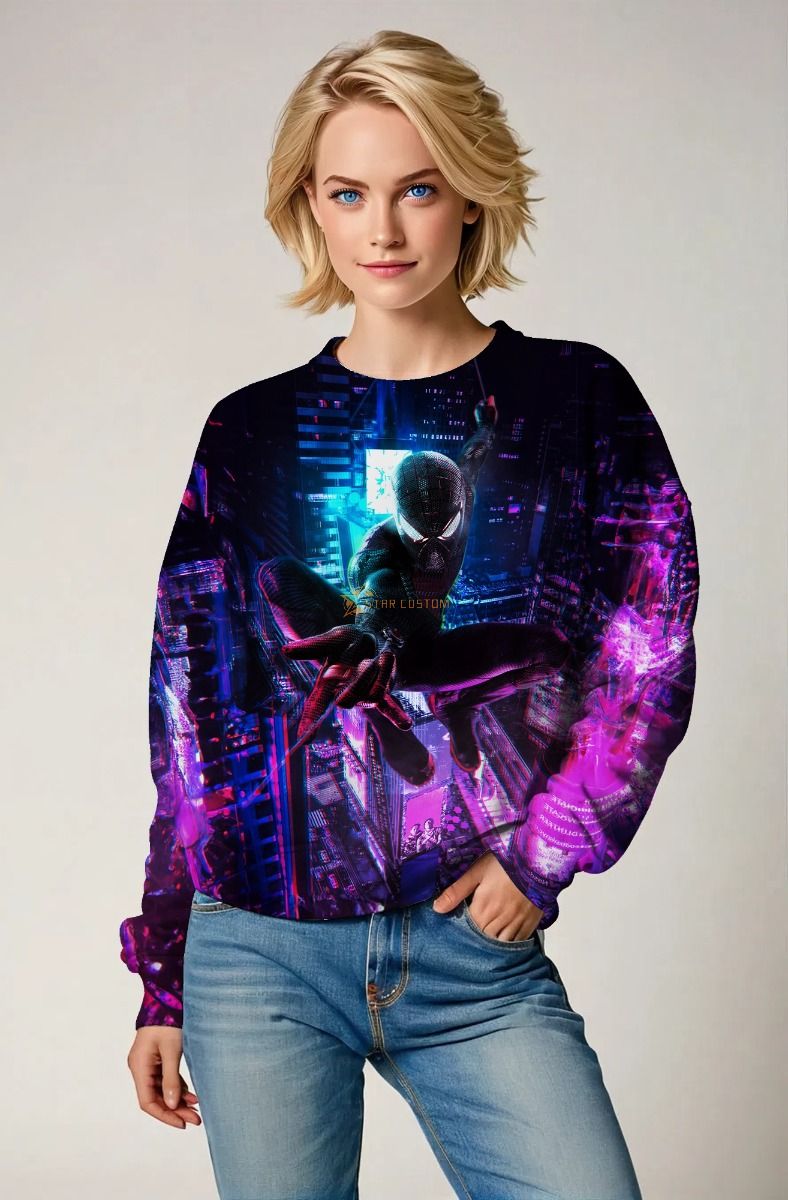 Dark Black & Neon Spider‑Man City Graphic Sweatshirt