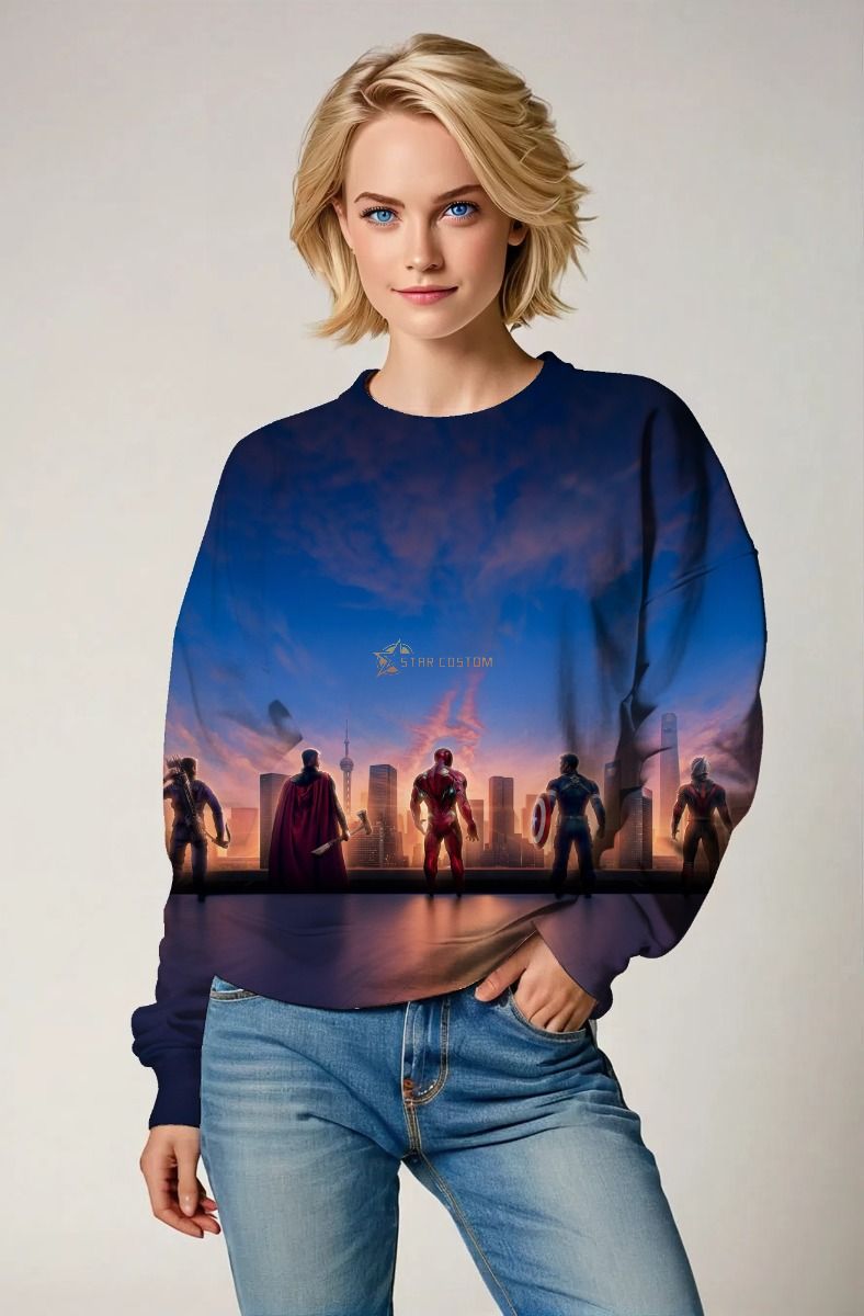 Dark Blue Avengers Sunset Skyline Graphic Sweatshirt