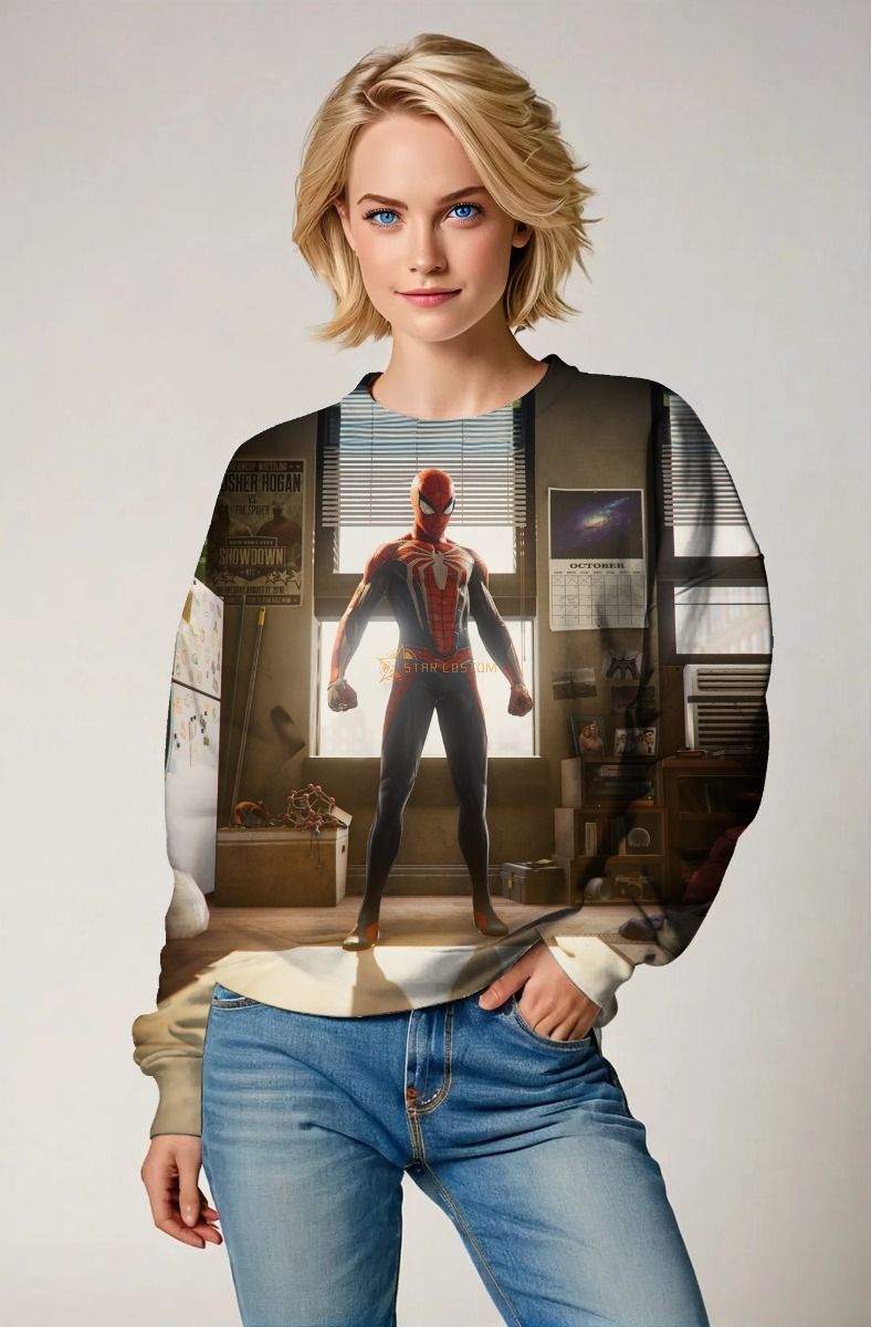 Dark Brown & Black Spider‑Man Room Scene Crewneck Sweatshirt – Classic Hero Vibes