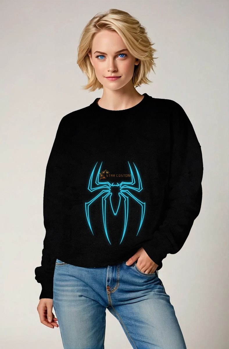 Neon Blue Spider Emblem Sweatshirt – Modern Black Streetwear